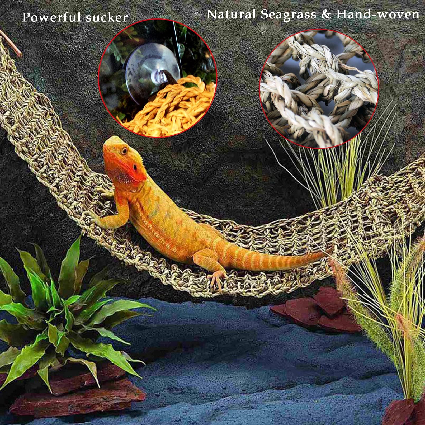 kathson Bearded Dragon Hammock Reptile Hideout Wooden Bridge Jungle Climber Vines Flexible Reptile Leaves with Suction Cups Rept
